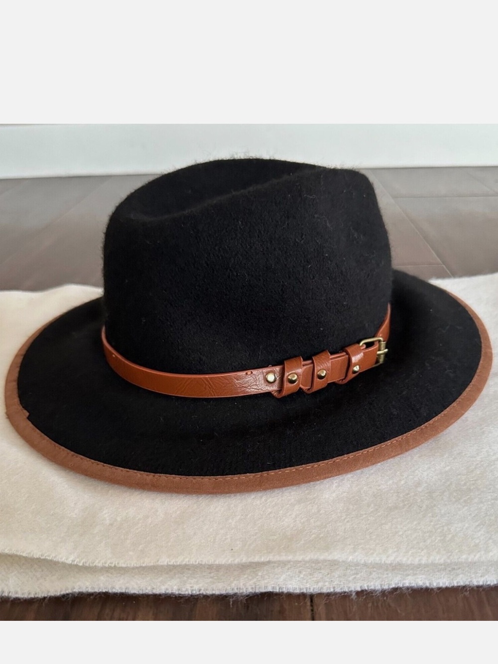 Anthropologie New Black Wool Felt Wide-Brim Hat with Brown Leather Band NWOT - Picture 14 of 16